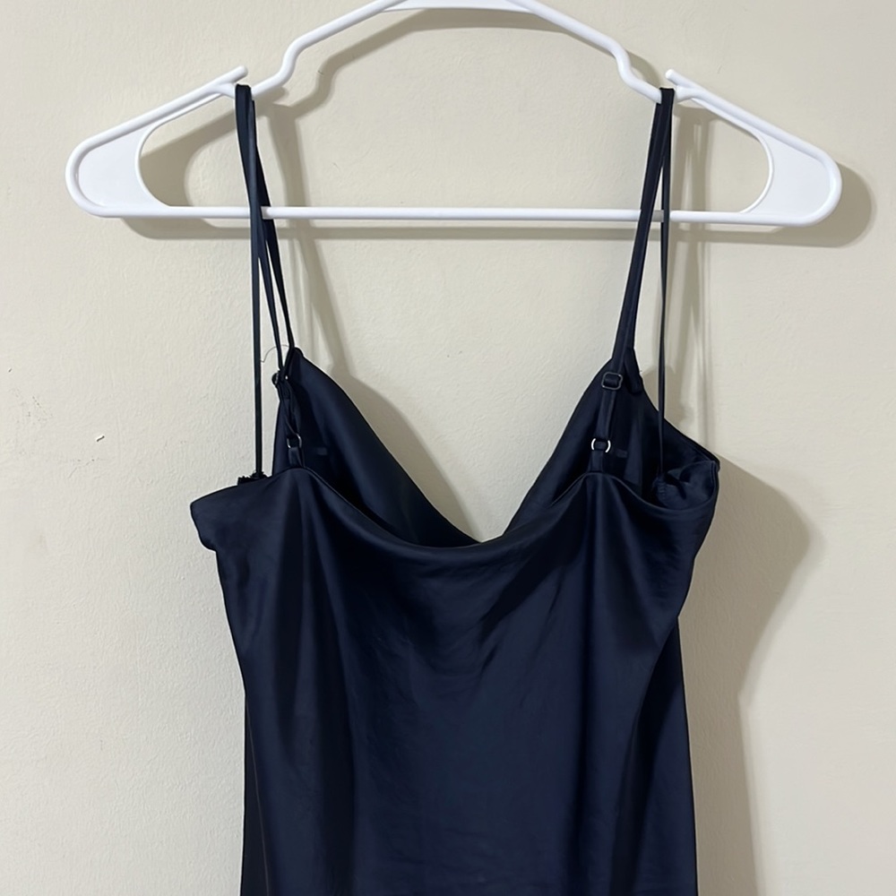Express Navy Cowl Neck Spagetti Strap Side Slit Satin Midi Dress Size Medium - Picture 6 of 8